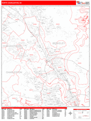 North Charleston Wall Map Zip Code Red Line Style 2024